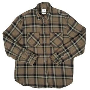 Zara Man Plaid Flannel Shirt Mens Large Brown Relaxed Fit Cotton Button Down
